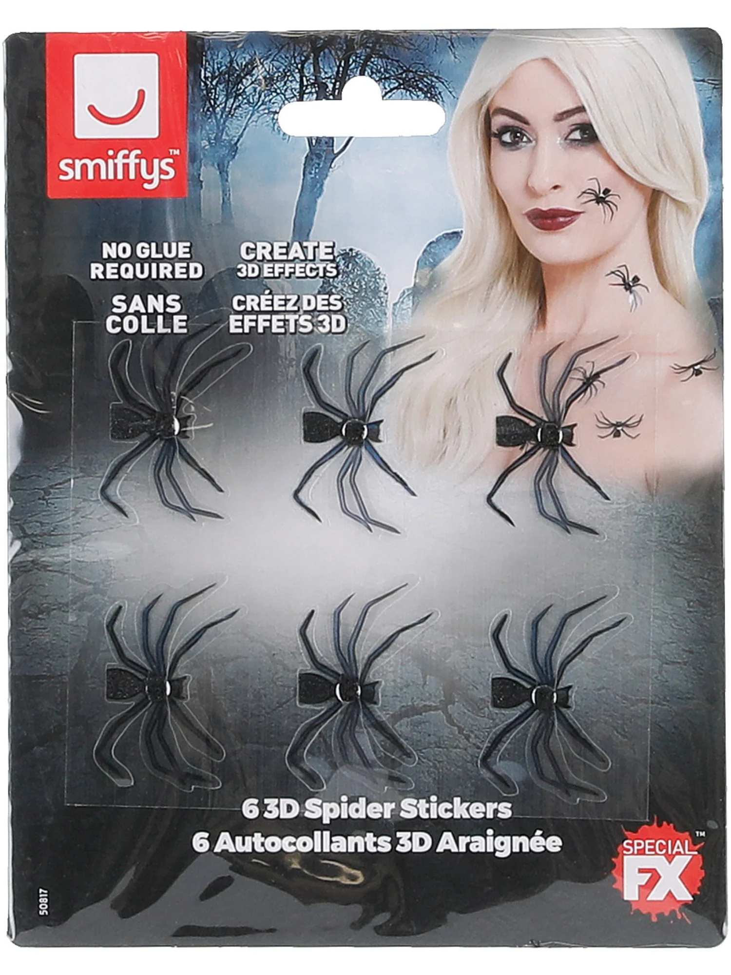 Smiffys Make-Up FX, 3D Spider Stickers, Black  Wholesale - Image 2